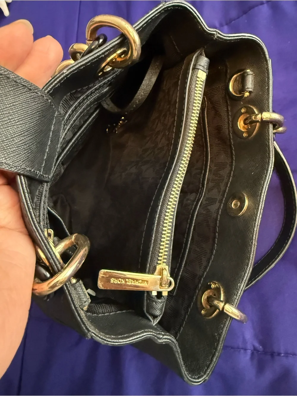 Michael Kors Black Saffiano Satchel with Gold Chain Accents